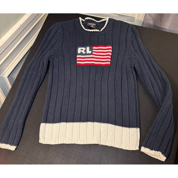 Polo Ralph Lauren RL American Flag Cable Knit Sweater #67437 Women's L VTG - Picture 2 of 11